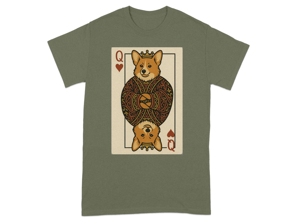 Queen of Hearts playing card featuring two corgis wearing crowns and ornate robes.