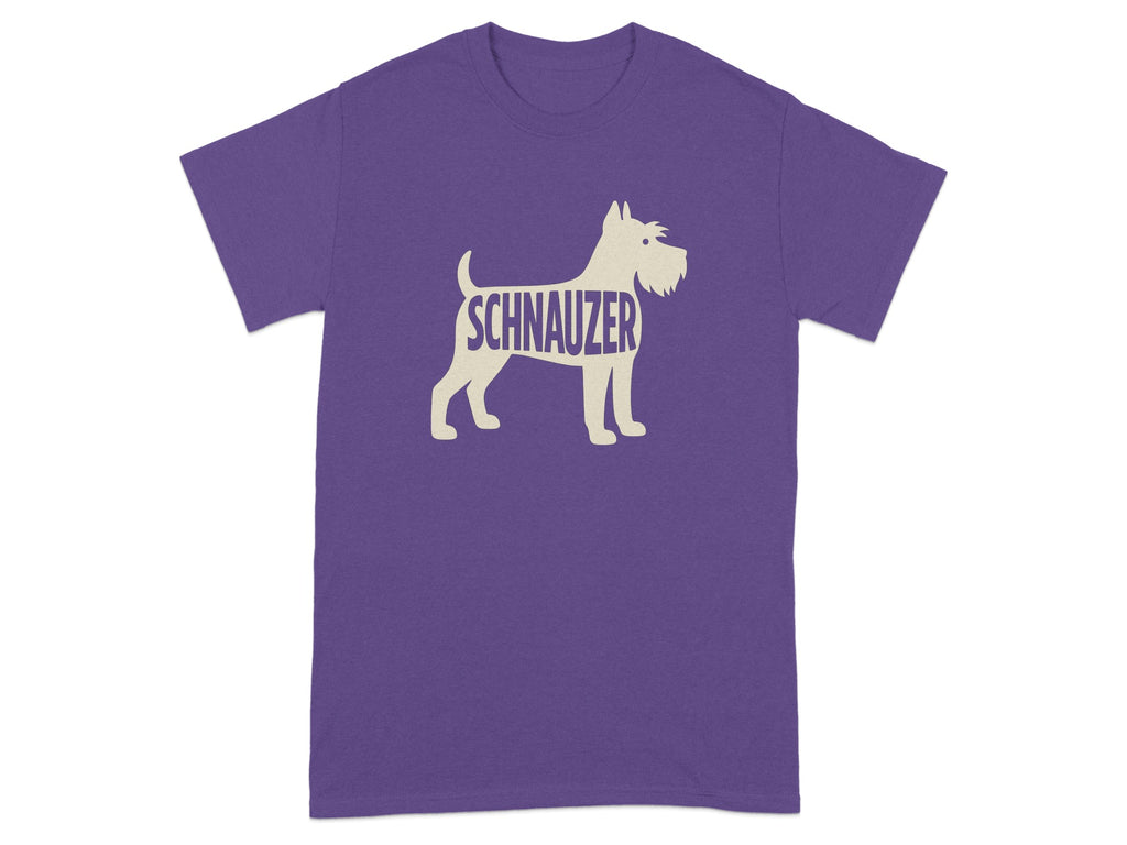 Purple t-shirt with a silhouette of a schnauzer dog with the word "SCHNAUZER" inside.