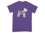 Purple t-shirt with a silhouette of a schnauzer dog with the word "SCHNAUZER" inside.