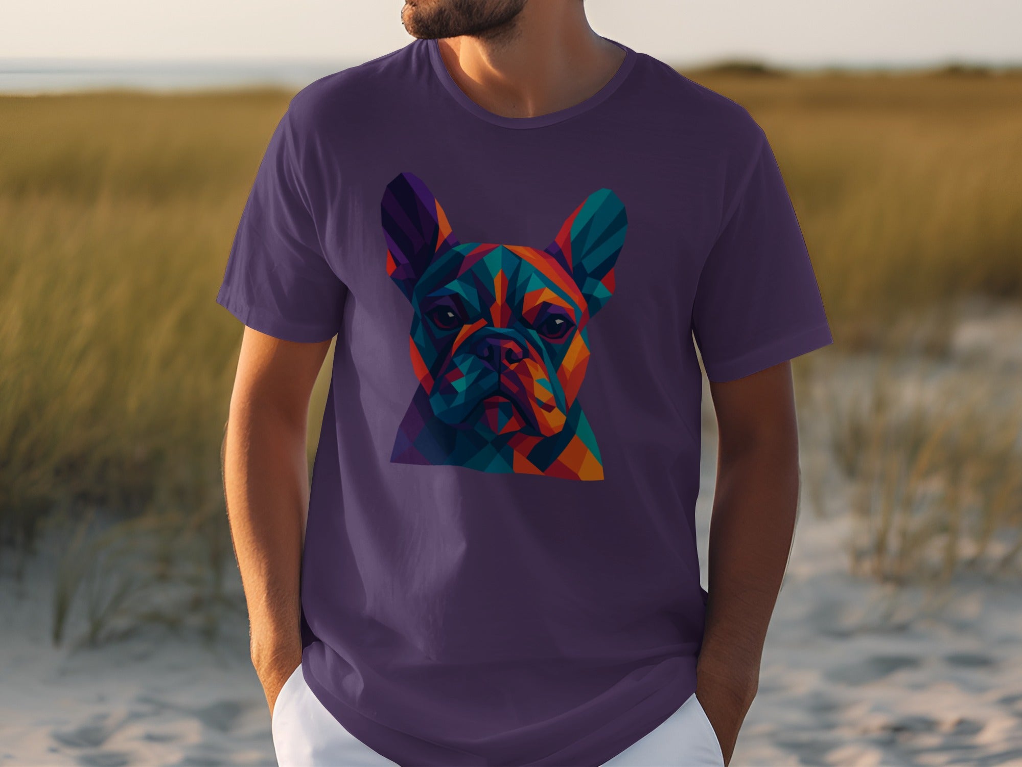 Geometric Colorful Bulldog Print on Purple T-shirt