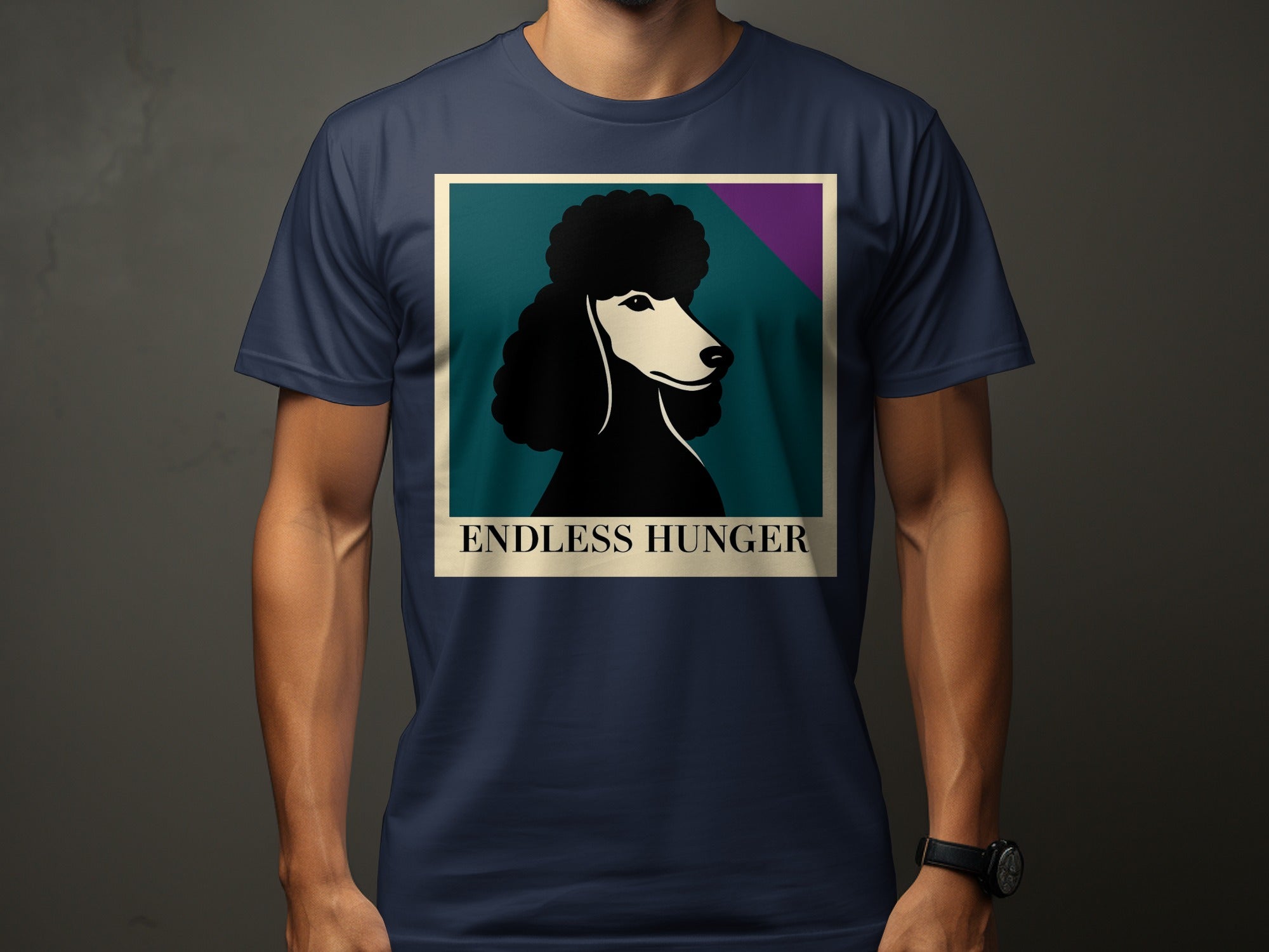 T-shirt with a stylized black poodle portrait and text "ENDLESS HUNGER"