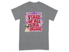 Grey t-shirt with "First of all, I'm a delight" text and a pug wearing a bandana.