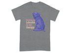 Grey dog t-shirt with a sitting purple Labrador and text reading "Walking my Labrador is my therapy".