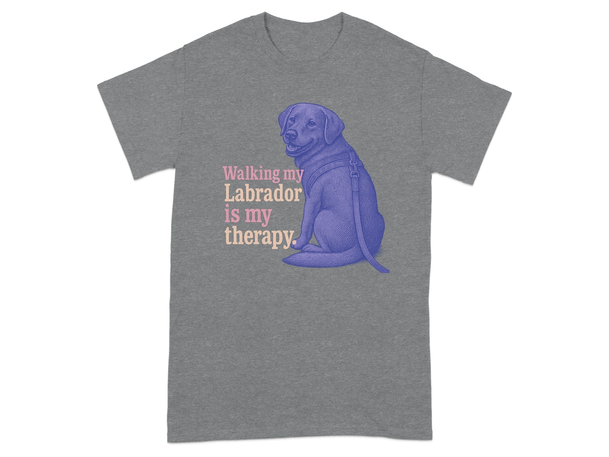 Grey dog t-shirt with a sitting purple Labrador and text reading "Walking my Labrador is my therapy".