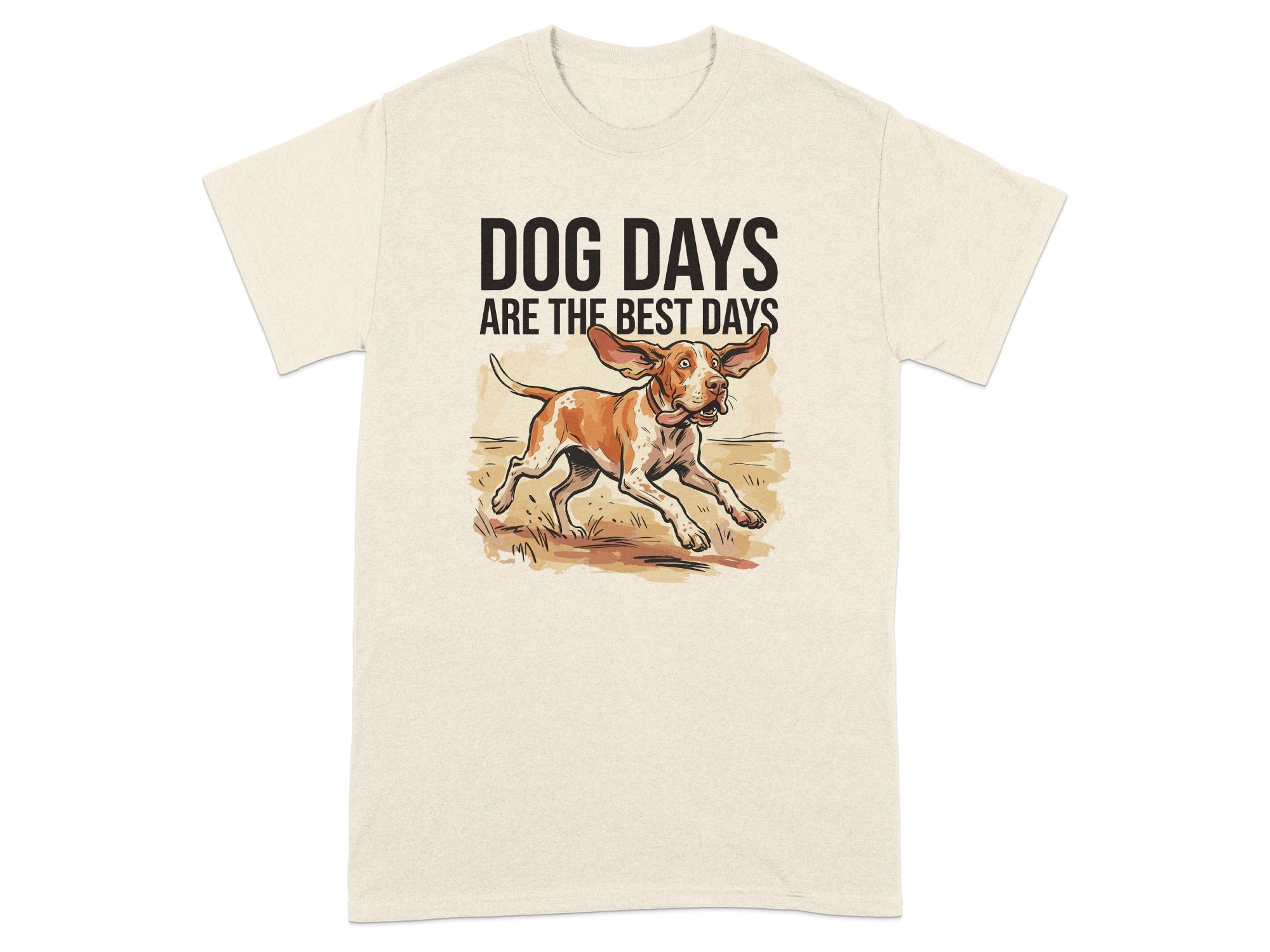 Cream t-shirt with dog running and text "DOG DAYS ARE THE BEST DAYS".