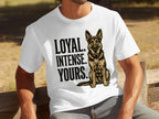 White t-shirt with German Shepherd dog graphic and text.