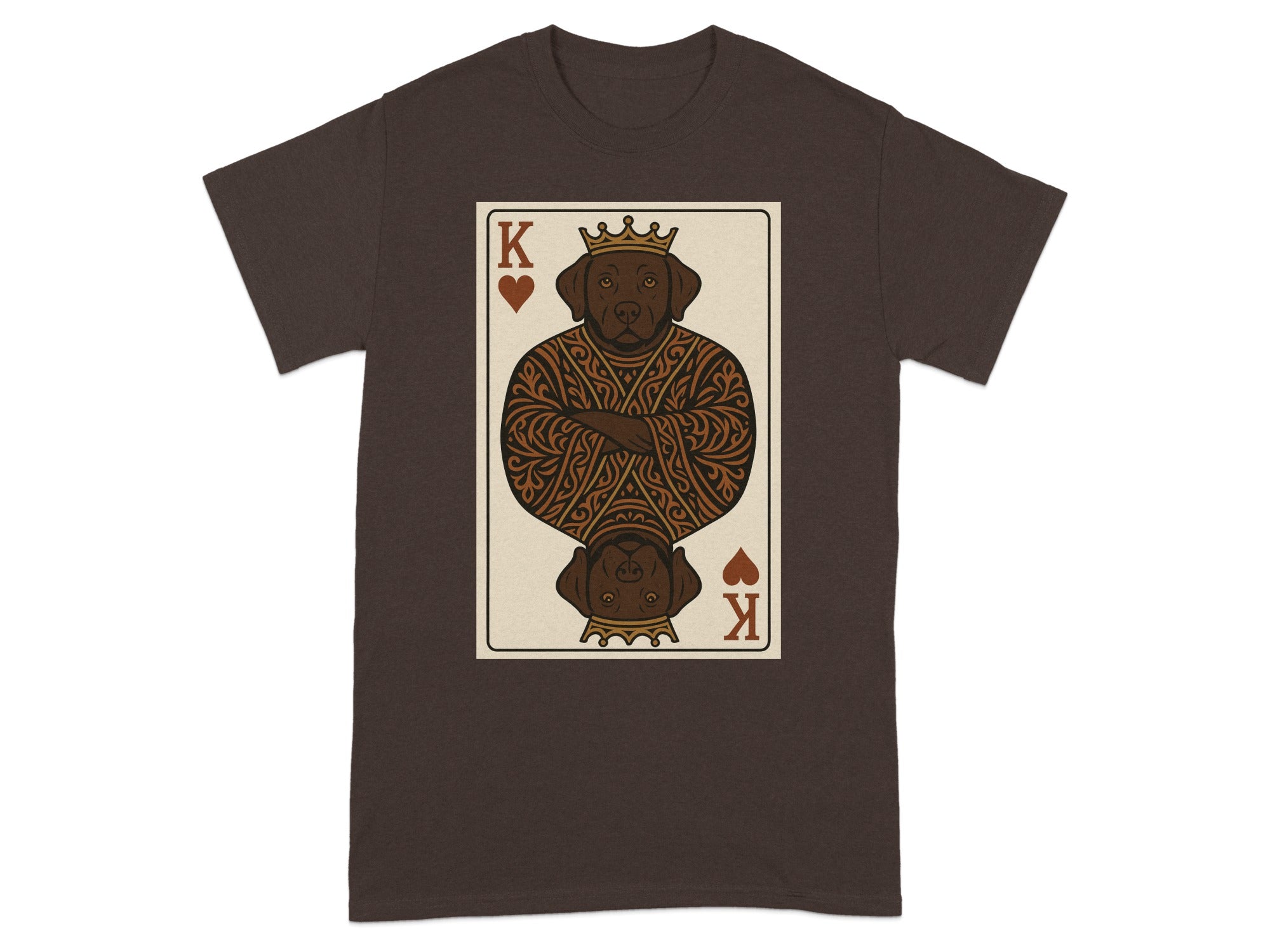 Brown t-shirt featuring a King of Hearts playing card with a Labrador dog.