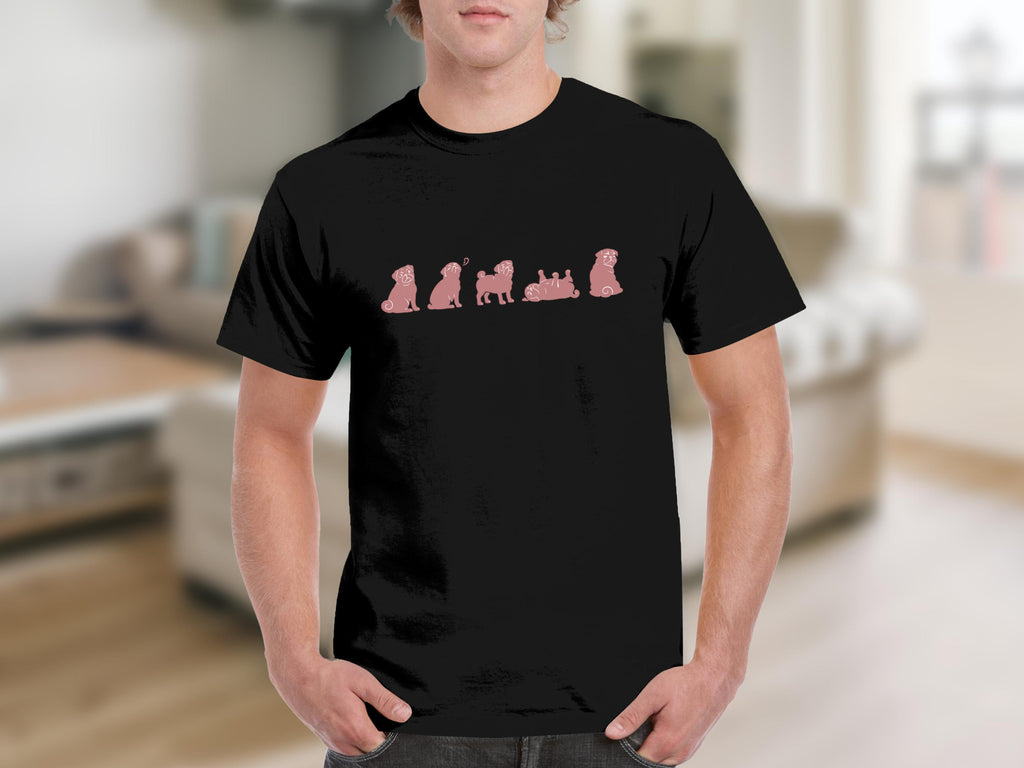Black t-shirt with a repeating pink pug design across the chest.