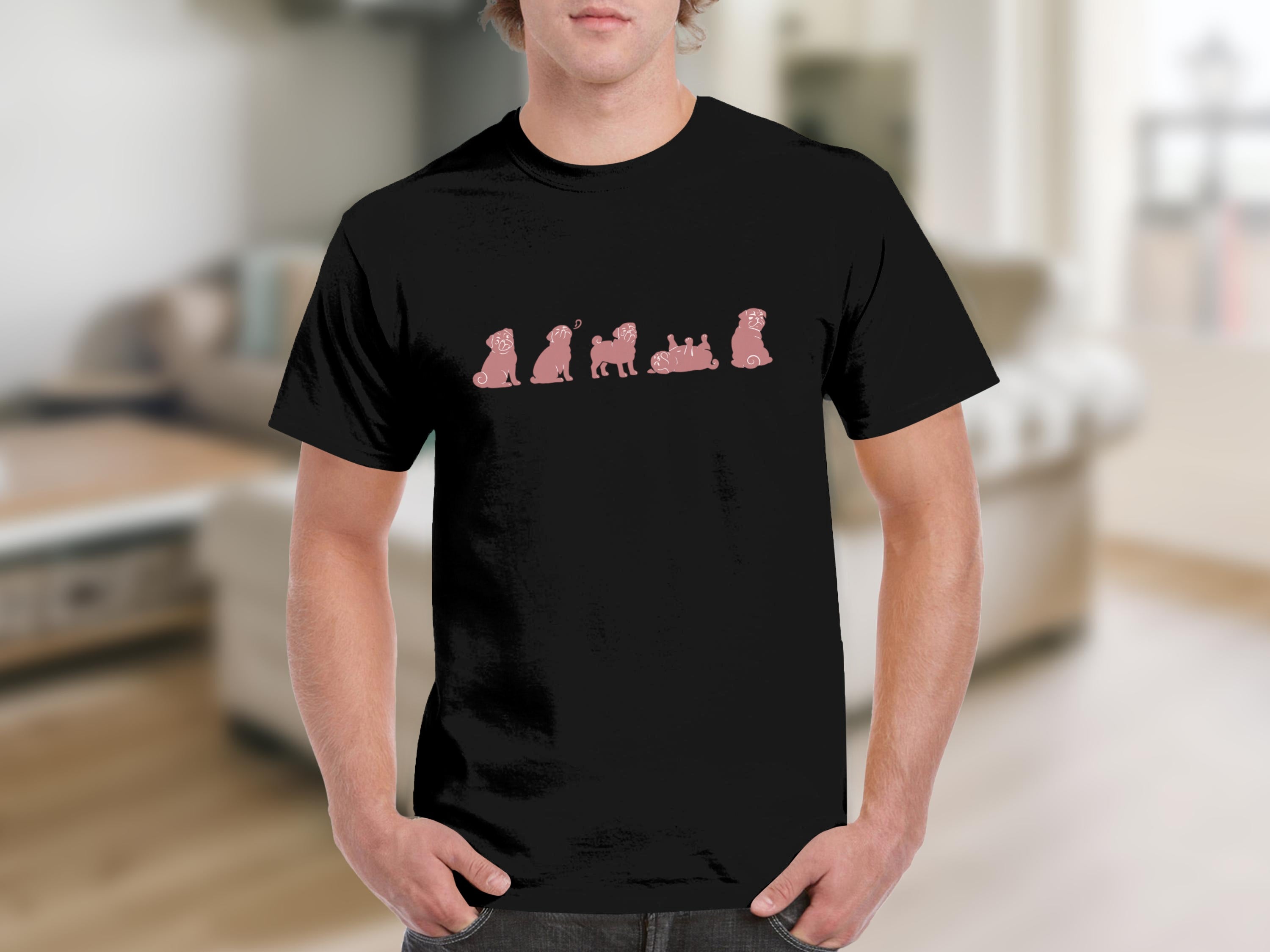 Black t-shirt with a repeating pink pug design across the chest.
