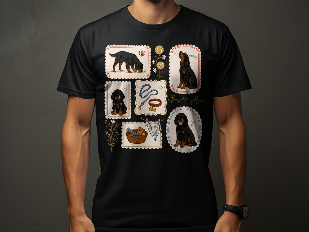 Framed illustrations of black dogs, bones, and a tennis ball on a black t-shirt.