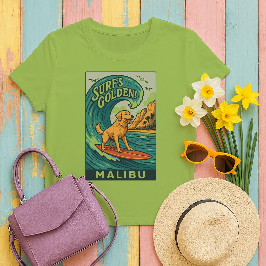 Surf's Golden Malibu Surfing Golden Retriever Dog T-Shirt in Kiwi