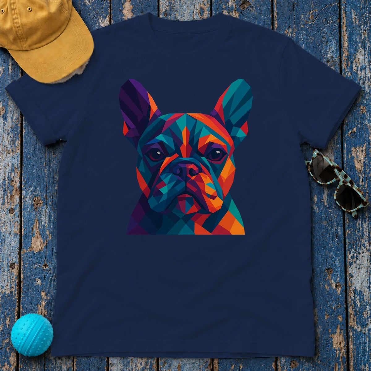 Geometric Colorful Frenchie Face T-Shirt in Navy