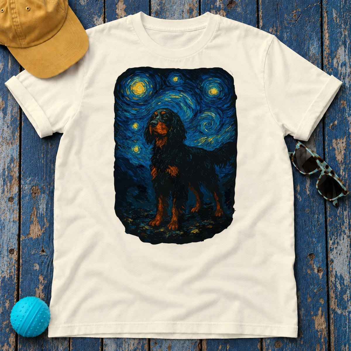 Gordon Setter With Starry Night Van Gogh Style Artwork T-Shirt in Natural