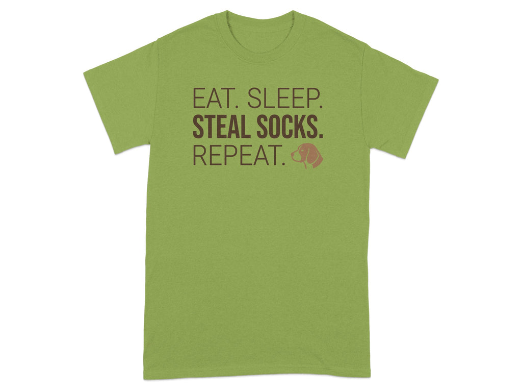 Green t-shirt with text "EAT. SLEEP. STEAL SOCKS. REPEAT." and a dog icon.