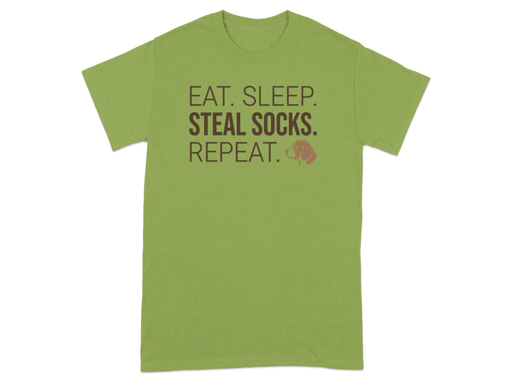 Green t-shirt with text "EAT. SLEEP. STEAL SOCKS. REPEAT." and a dog icon.