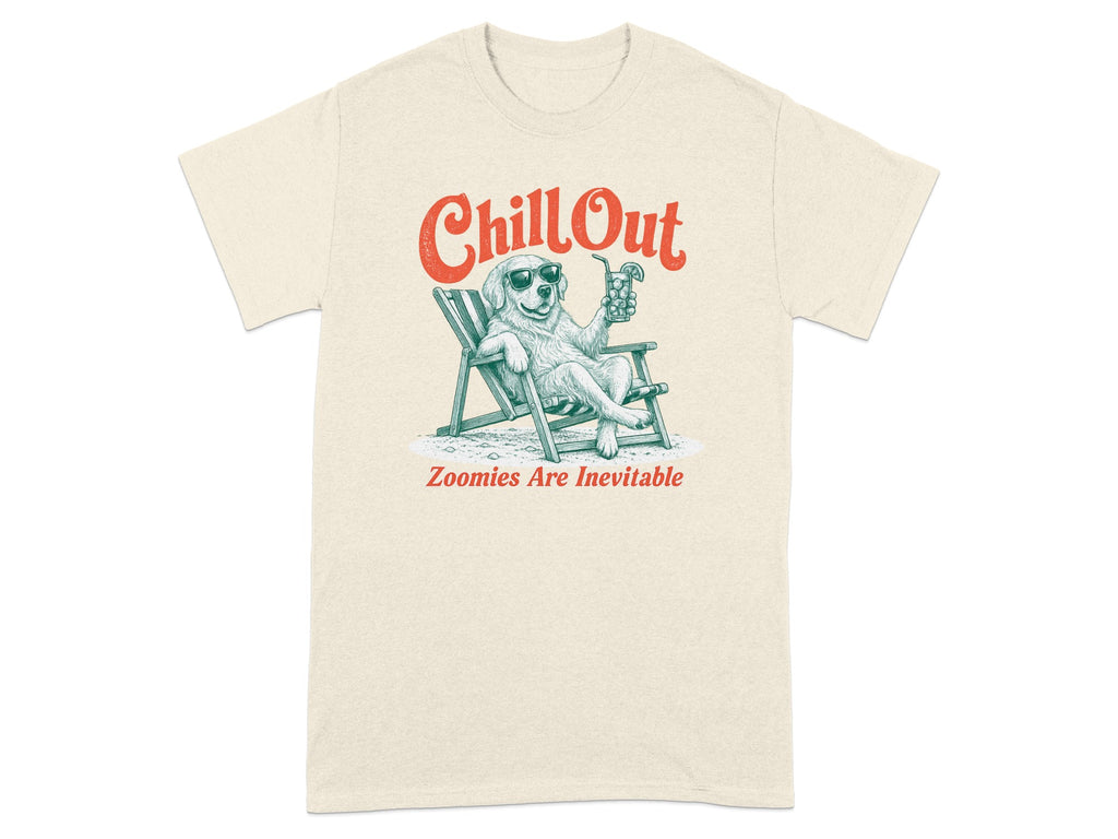 Cream t-shirt with a dog in sunglasses relaxing on a lounge chair.