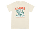 Cream t-shirt with a dog in sunglasses relaxing on a lounge chair.