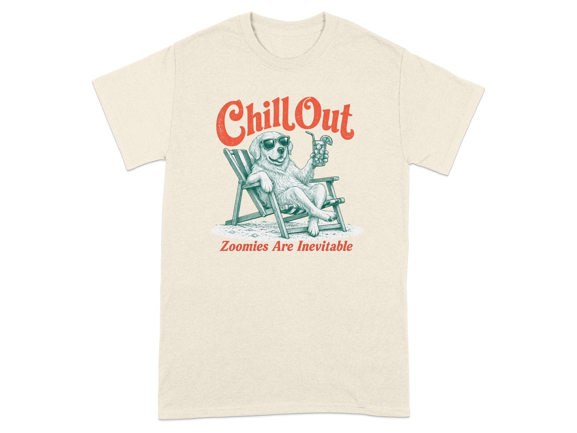 Cream t-shirt with a dog in sunglasses relaxing on a lounge chair.