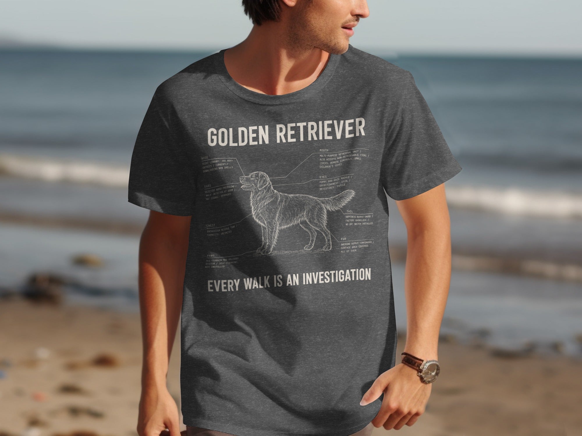 T-shirt with "Golden Retriever" diagram detailing breed characteristics and "Every walk is an investigation" text.