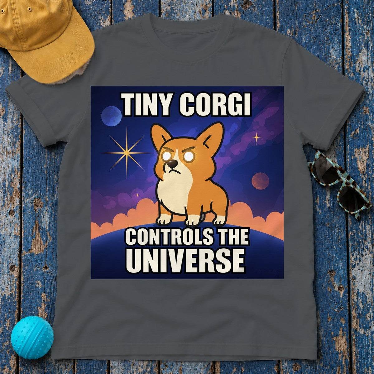 Tiny Corgi Controls the Universe Graphic Design T-Shirt in Charcoal