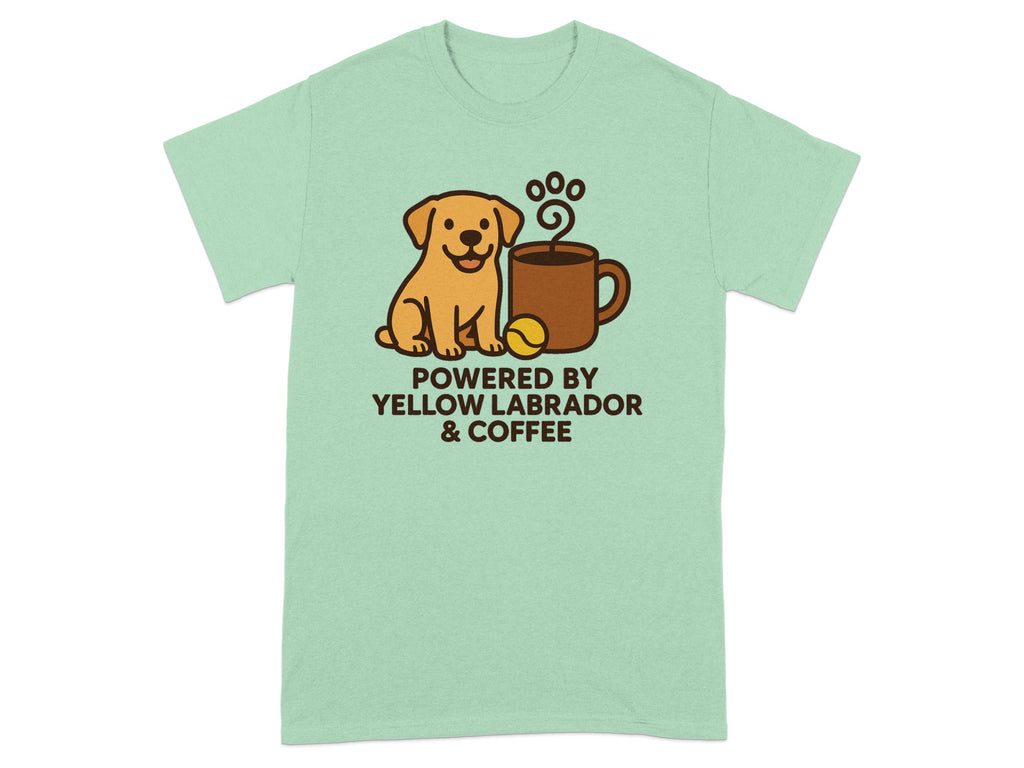 Yellow labrador and coffee cup graphic with text "POWERED BY YELLOW LABRADOR & COFFEE".