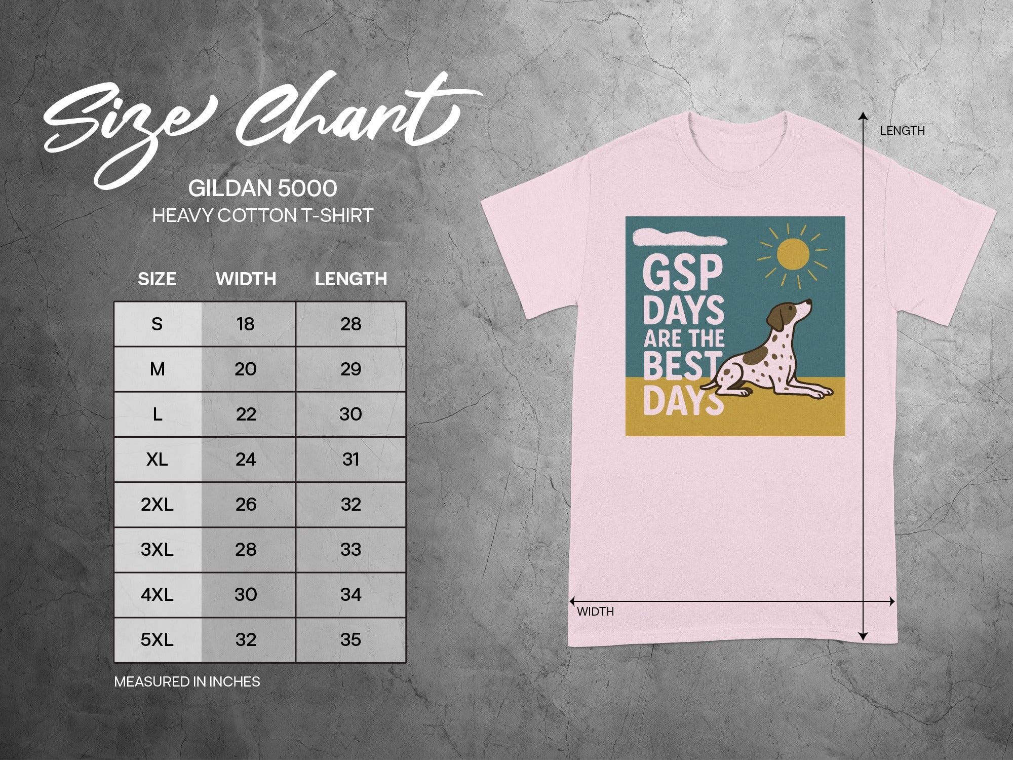 Gildan 5000 t-shirt size chart with width and length measurements in inches.