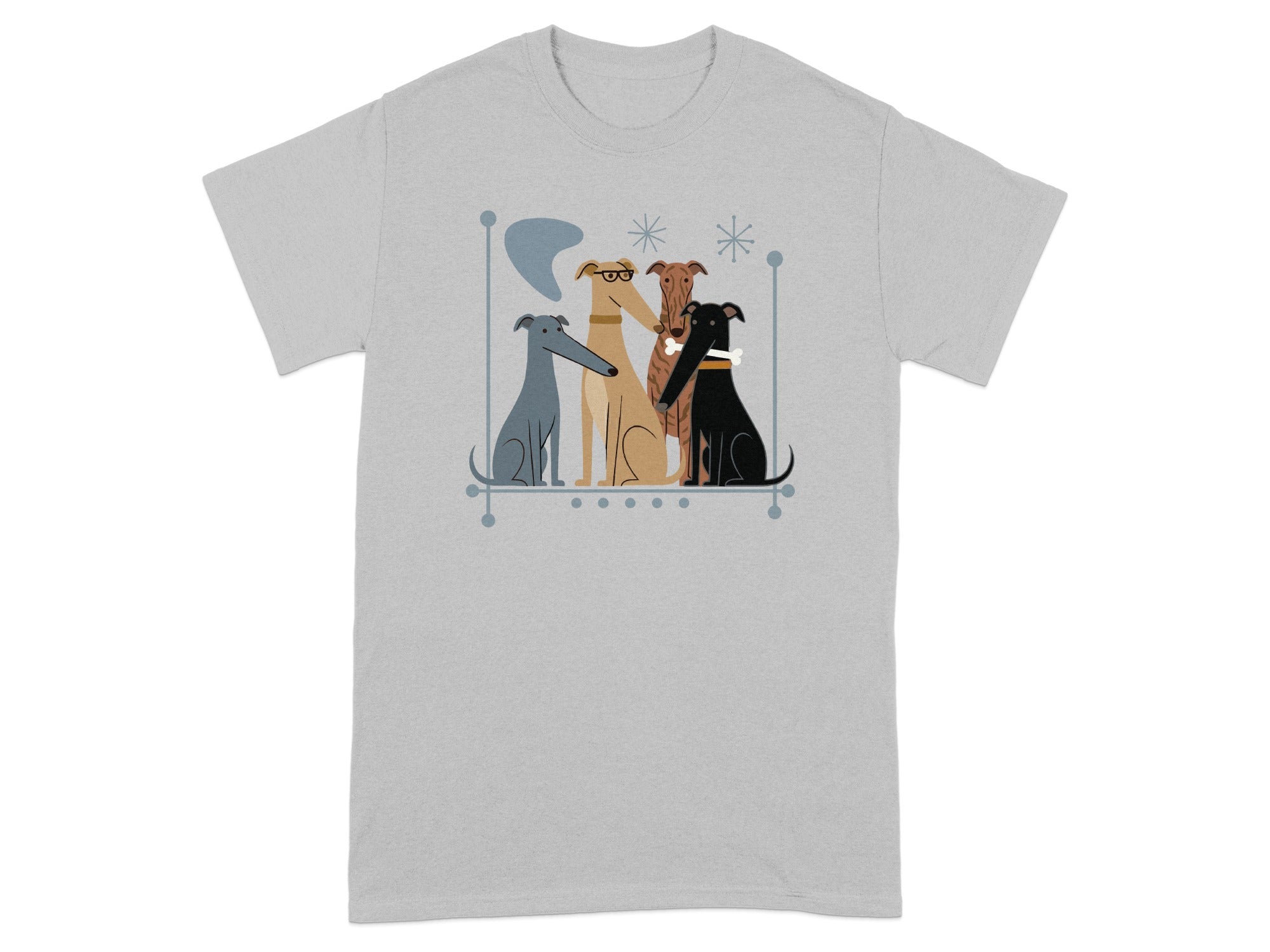 Four dogs in a row on a t-shirt, one wearing glasses.