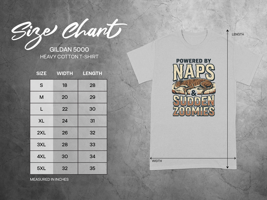 Gildan 5000 Heavy Cotton T-Shirt size chart with "Powered by Naps & Sudden Zoomies" graphic.