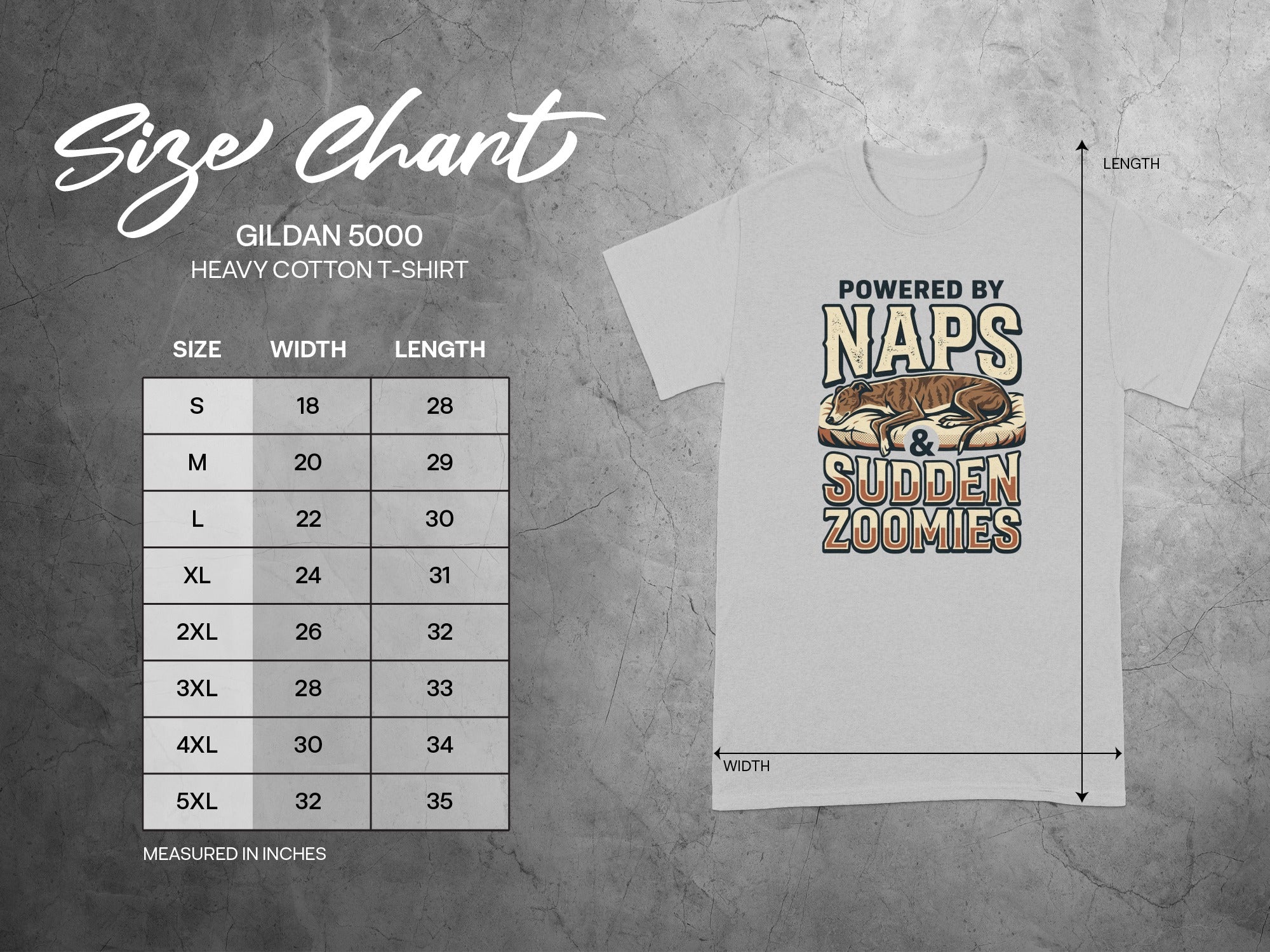 Gildan 5000 Heavy Cotton T-Shirt size chart with "Powered by Naps & Sudden Zoomies" graphic.
