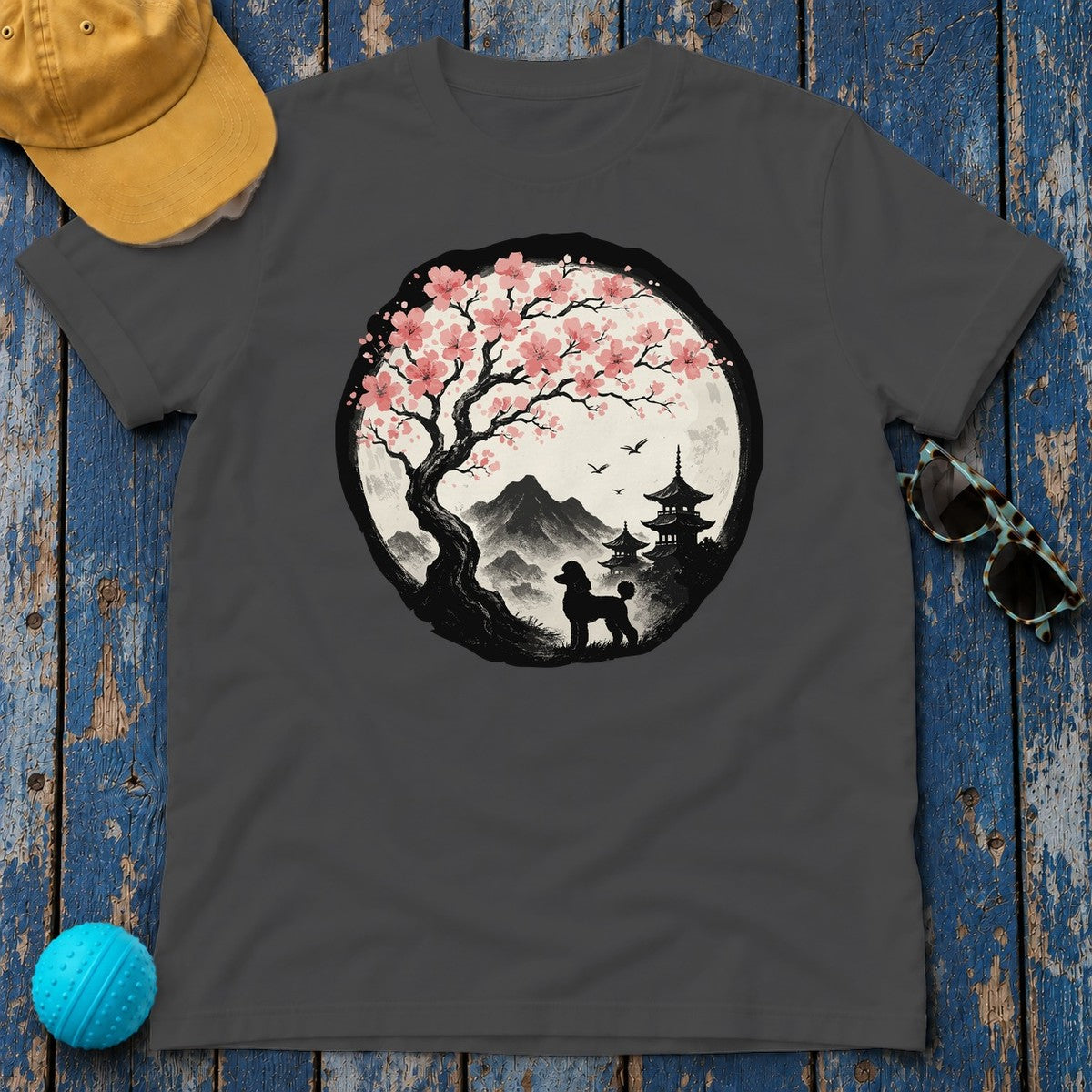Asian Landscape With Poodle Silhouette T-Shirt in Dark Heather