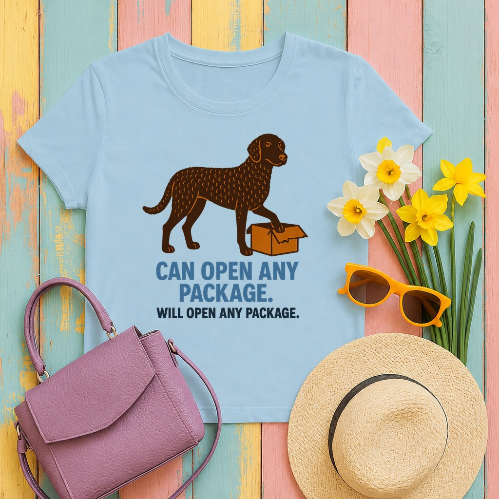 Curly-Coated Retriever Can Open Any Package Tee in Light Blue