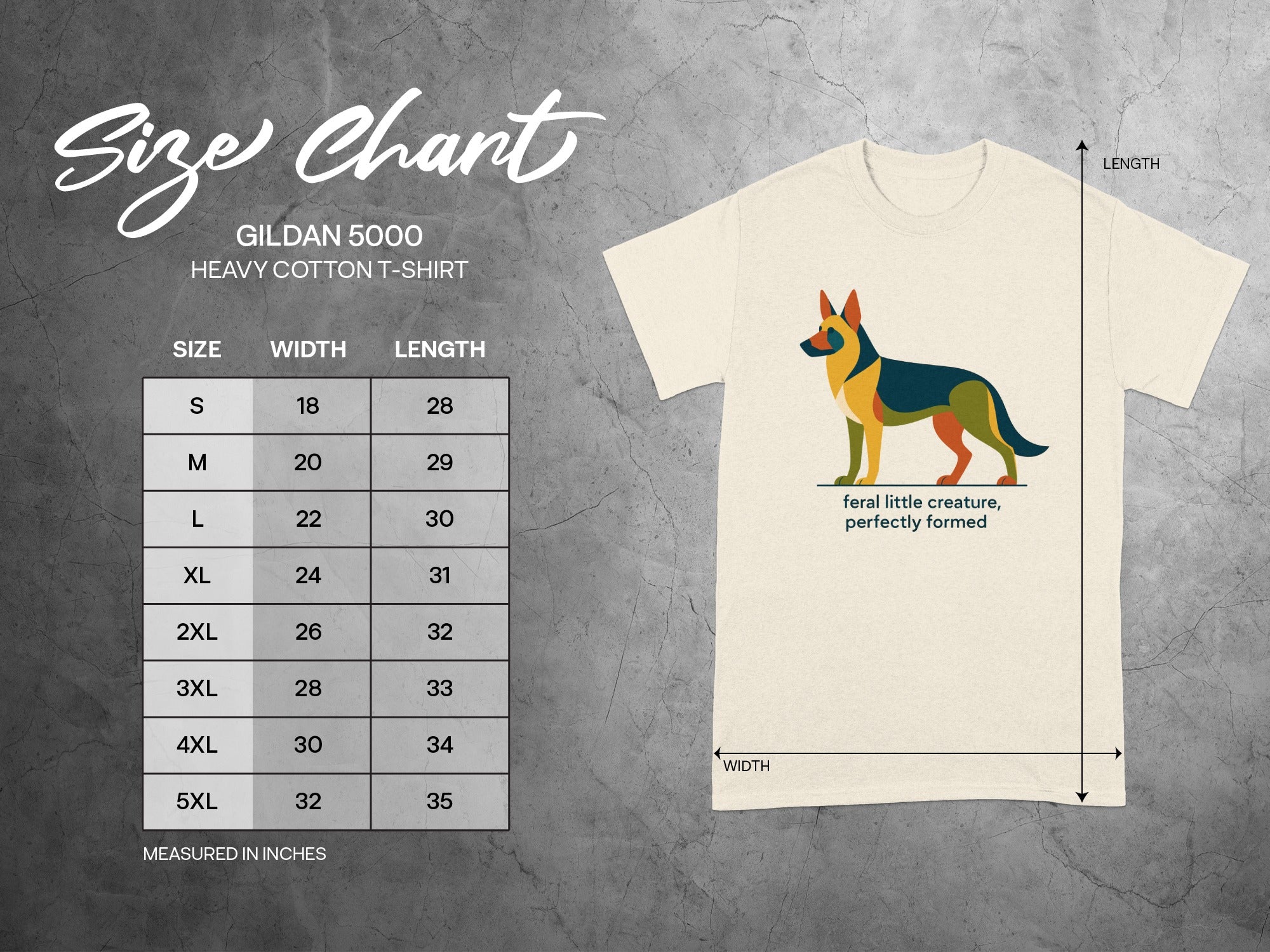 Gildan 5000 size chart for heavy cotton t-shirts with width and length measurements.