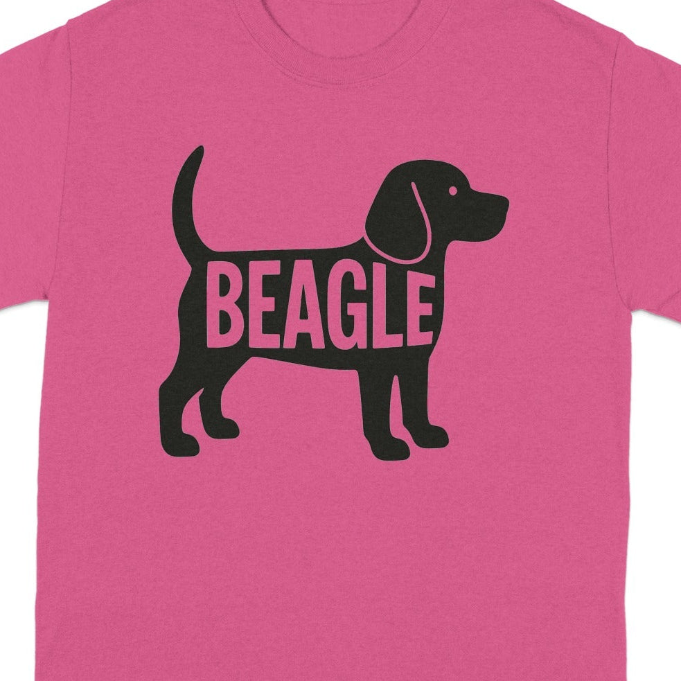 Pink t-shirt with black silhouette of a beagle dog and "BEAGLE" text.
