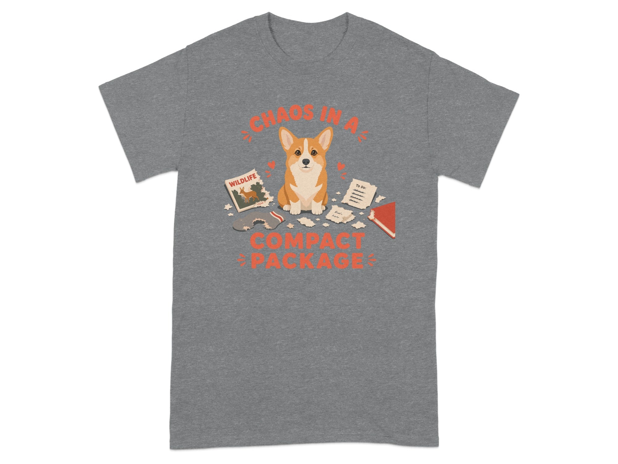Corgi on a t-shirt with "Chaos in a compact package" text.