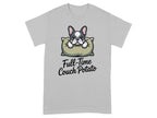 French Bulldog rests on pillow with "Full-Time Couch Potato" text.