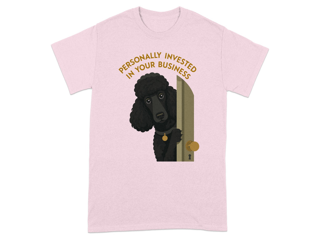 Pink t-shirt with a poodle peeking from a doorway with text.