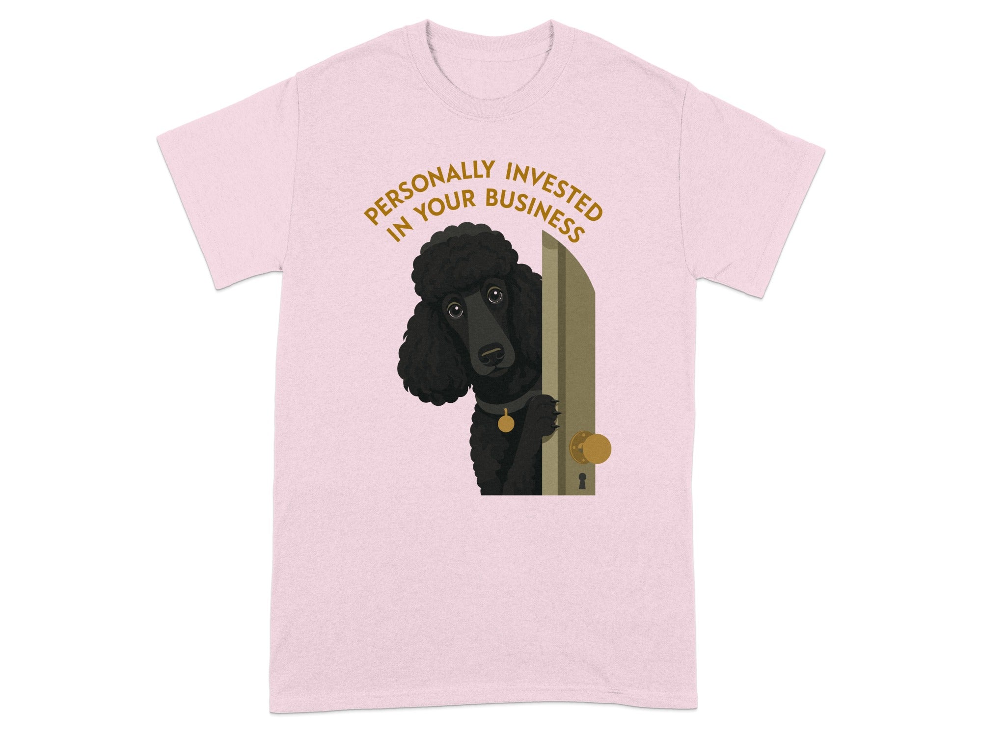 Pink t-shirt with a poodle peeking from a doorway with text.