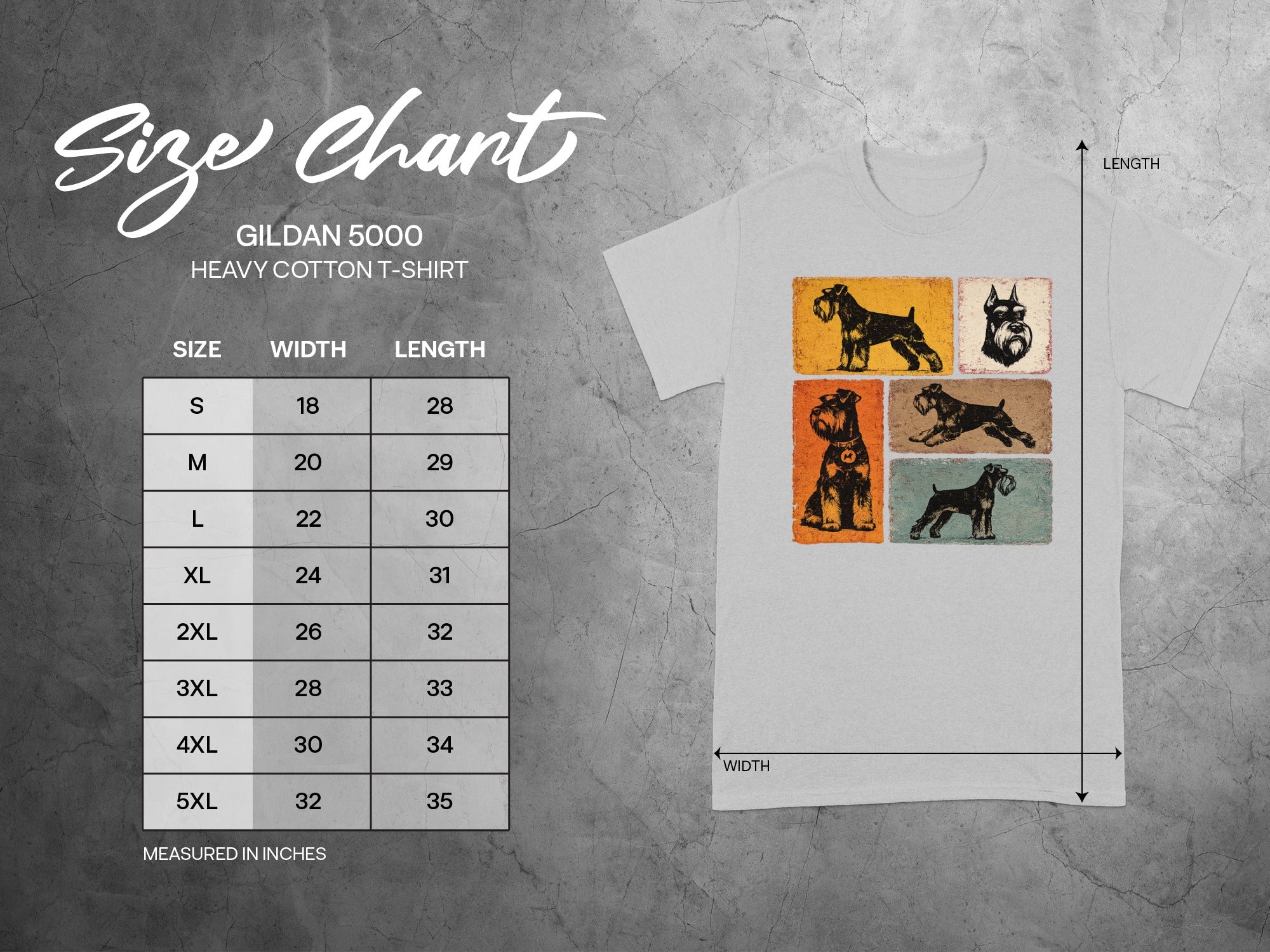 Size chart for Gildan 5000 heavy cotton t-shirt with dog illustrations.
