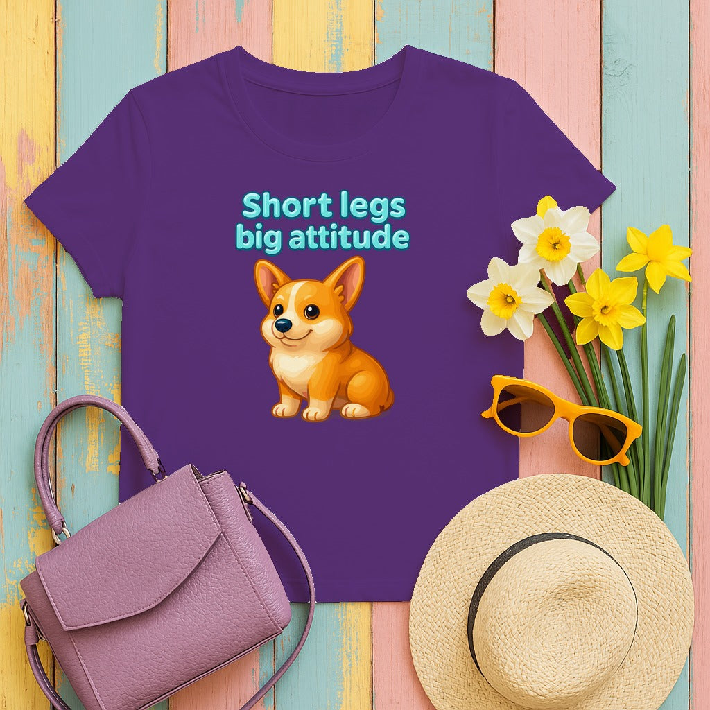 Short Legs Big Attitude T-Shirt, Corgi Dog Shirt, Cute Puppy T-shirt, Funny Animal Shirt, Sassy Dog Lover Gift, Cartoon Dog Apparel in Purple