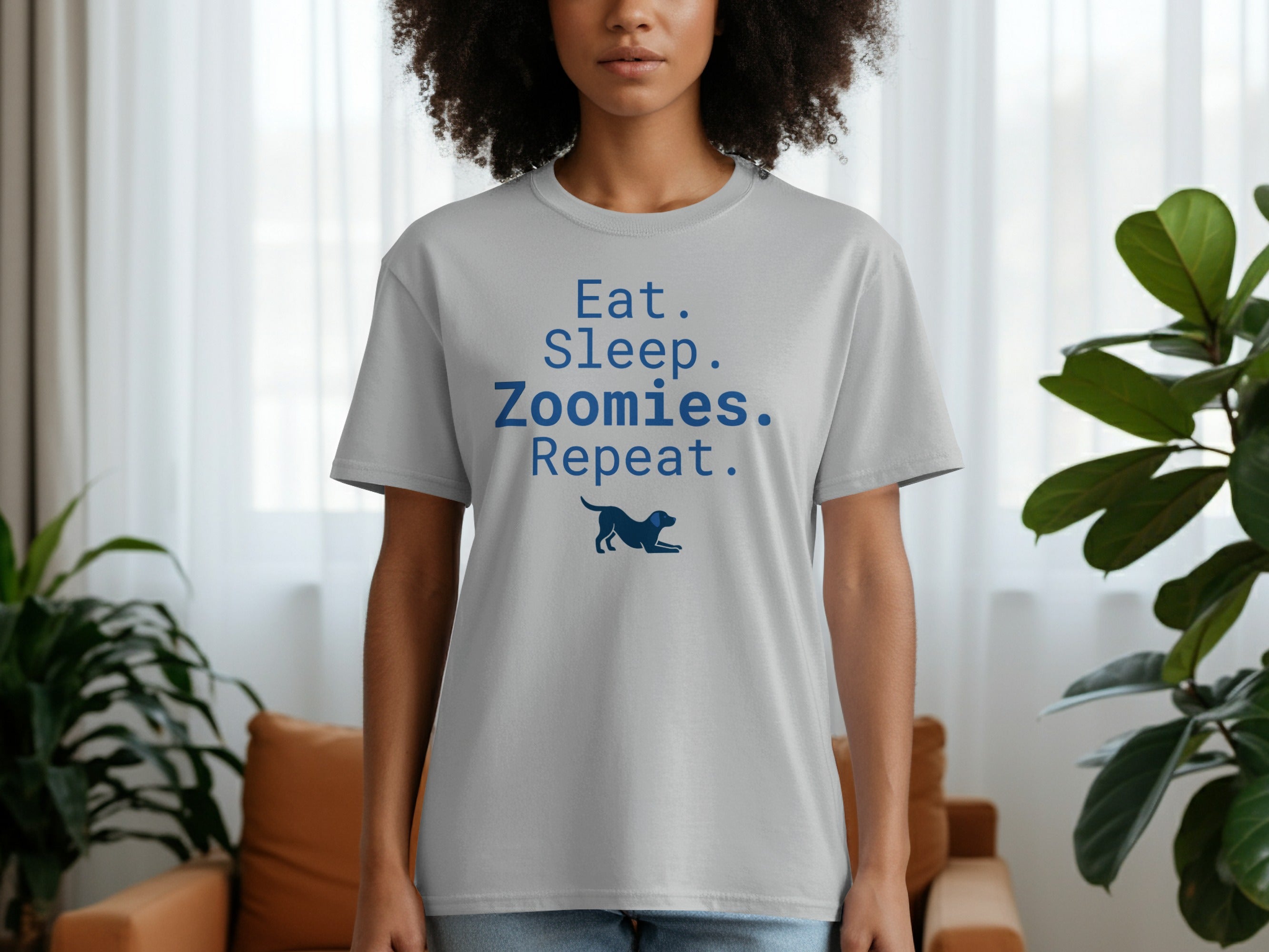 Gray t-shirt with "Eat. Sleep. Zoomies. Repeat." and dog graphic.