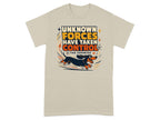 T-shirt with graphic of dachshund running, text "UNKNOWN FORCES HAVE TAKEN CONTROL THE ZOOMIES".