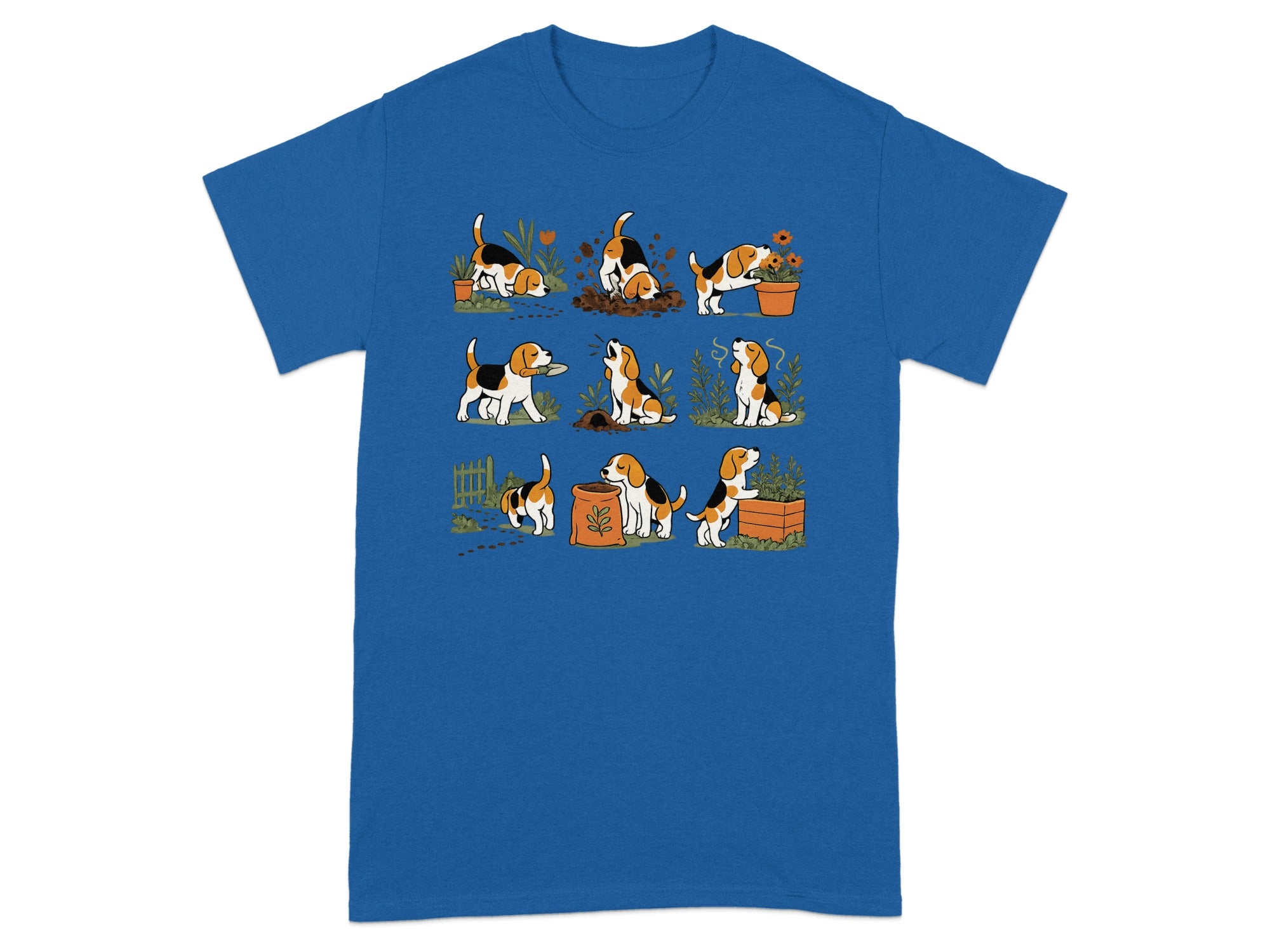 Cartoon beagles digging, planting, and playing with gardening items.