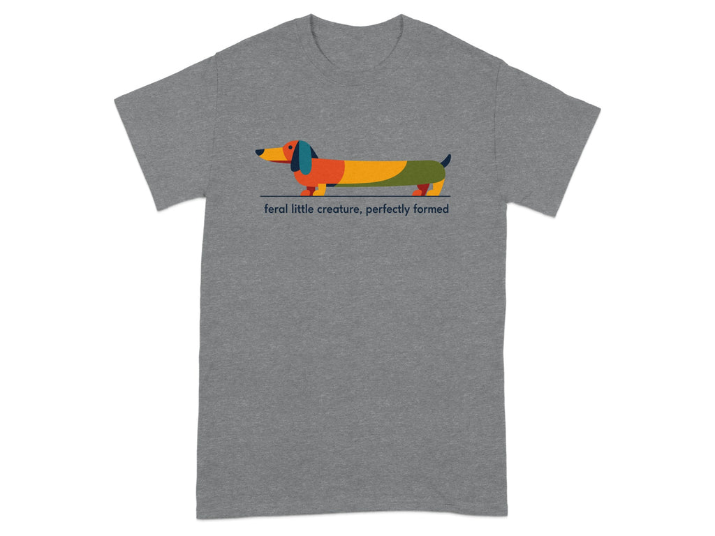 T-shirt with a colorful dachshund illustration and text.