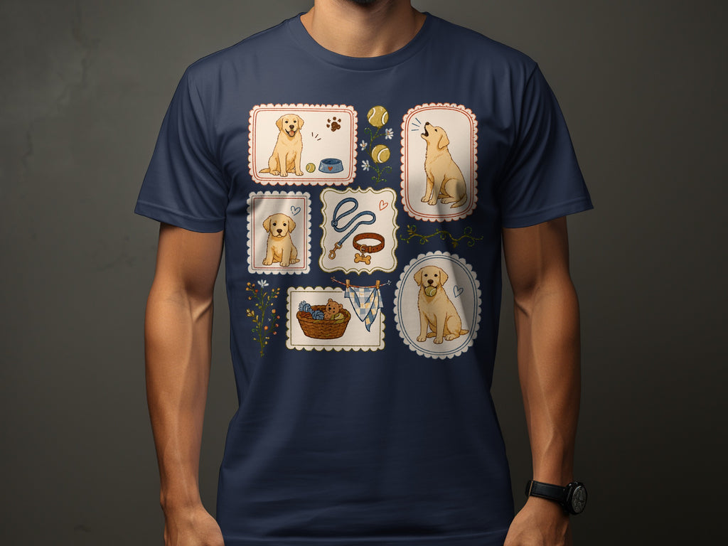 Framed illustrations of golden retrievers, toys, and accessories on a t-shirt.