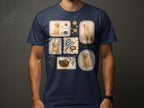 Framed illustrations of golden retrievers, toys, and accessories on a t-shirt.