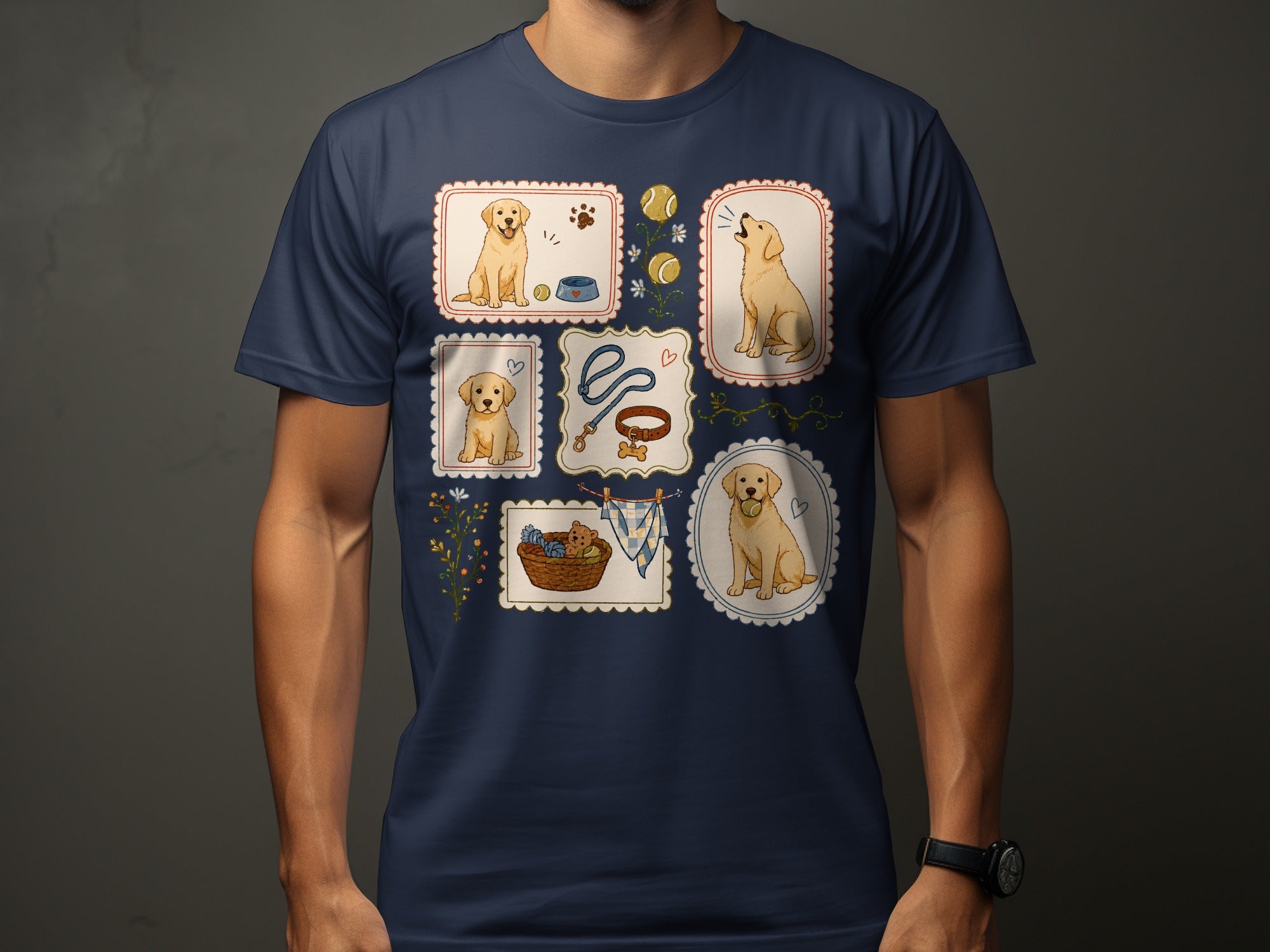 Framed illustrations of golden retrievers, toys, and accessories on a t-shirt.
