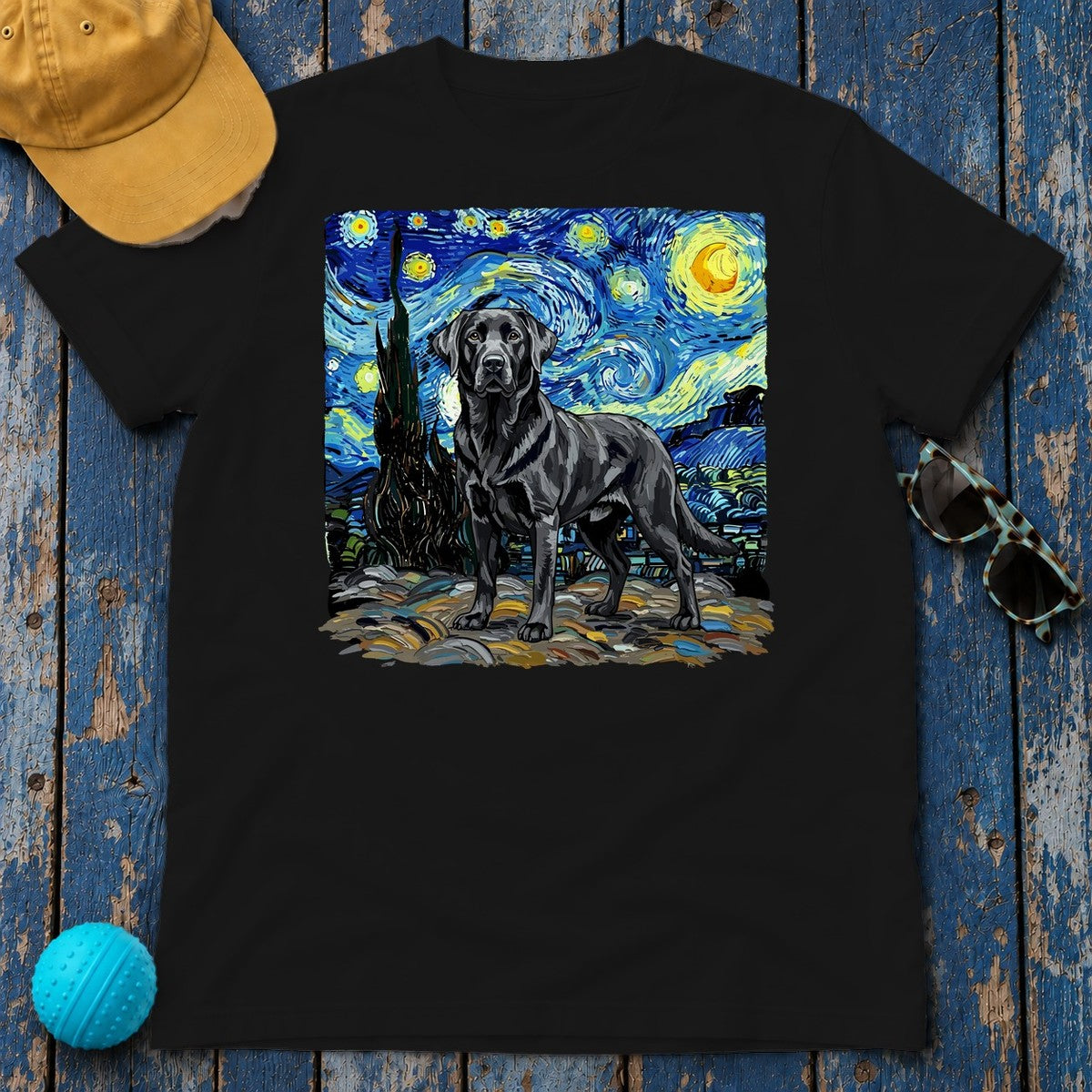 Black Labrador Dog in Starry Night Landscape T-Shirt in Black