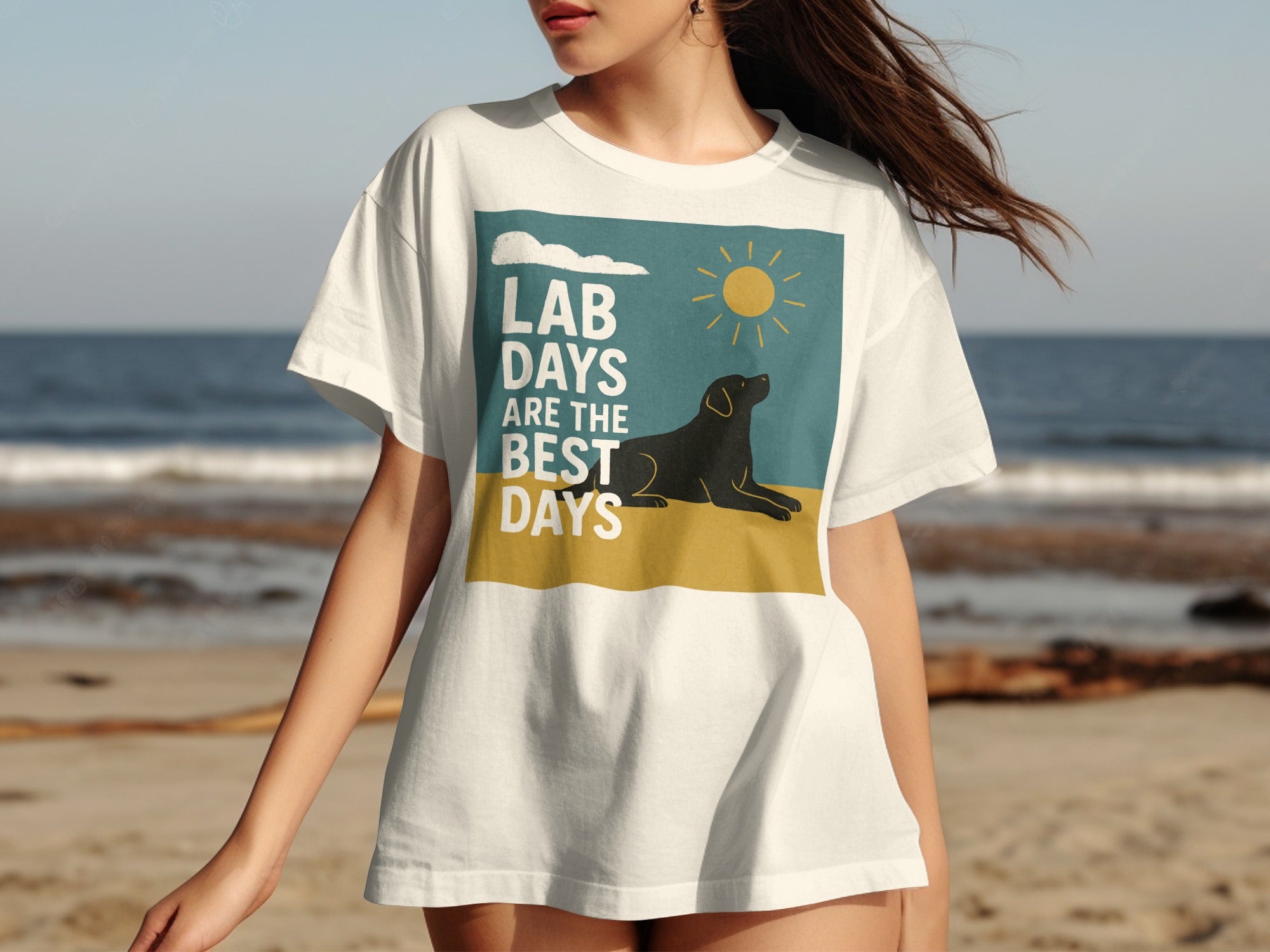 White t-shirt with graphic of black lab, sun, clouds, and text "LAB DAYS ARE THE BEST DAYS".