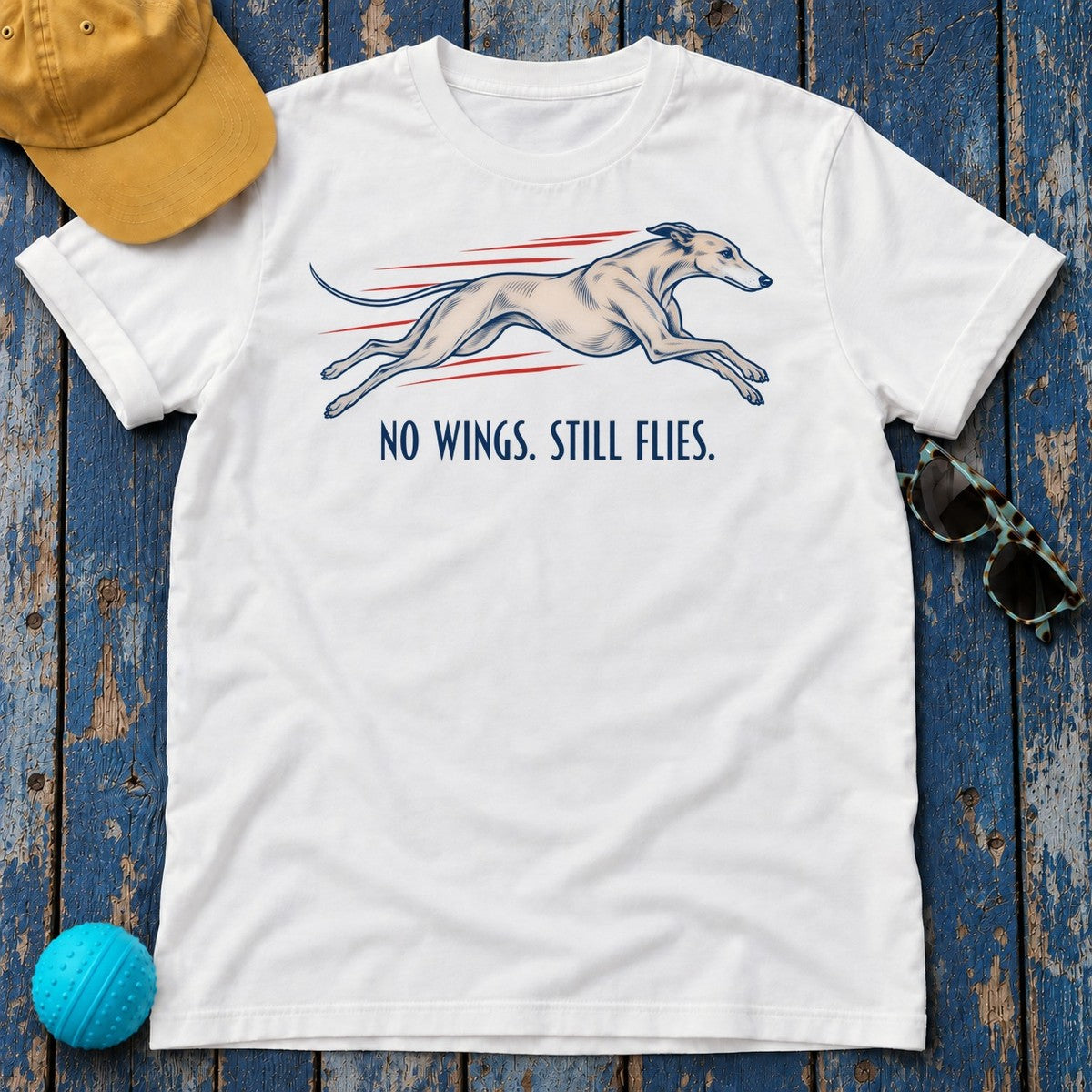 No Wings Still Flies Greyhound T-Shirt in White - flat lay