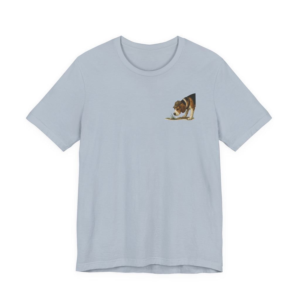 Every Walk Is An Investigation Beagle Back Print Tee in Light Blue, front pocket